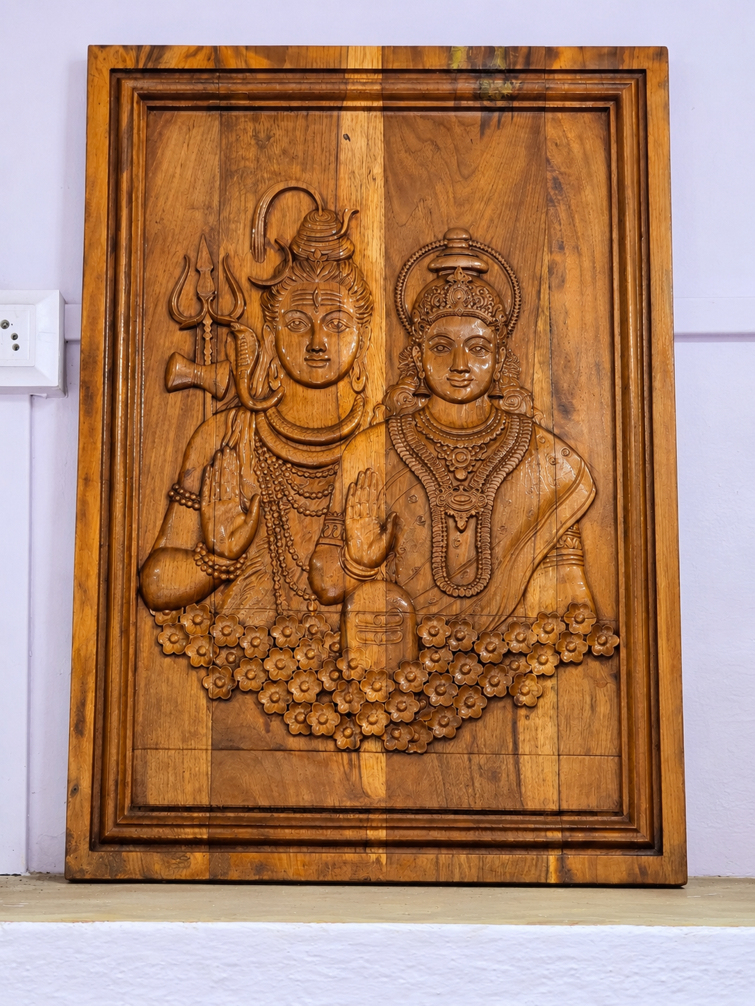 Carved Shiva and Parvati Wooden Panel